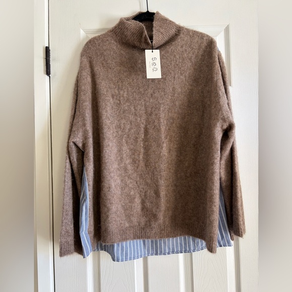 SEA - checked cotton-blend trimmed knitted turtleneck sweater - Picture 2 of 3